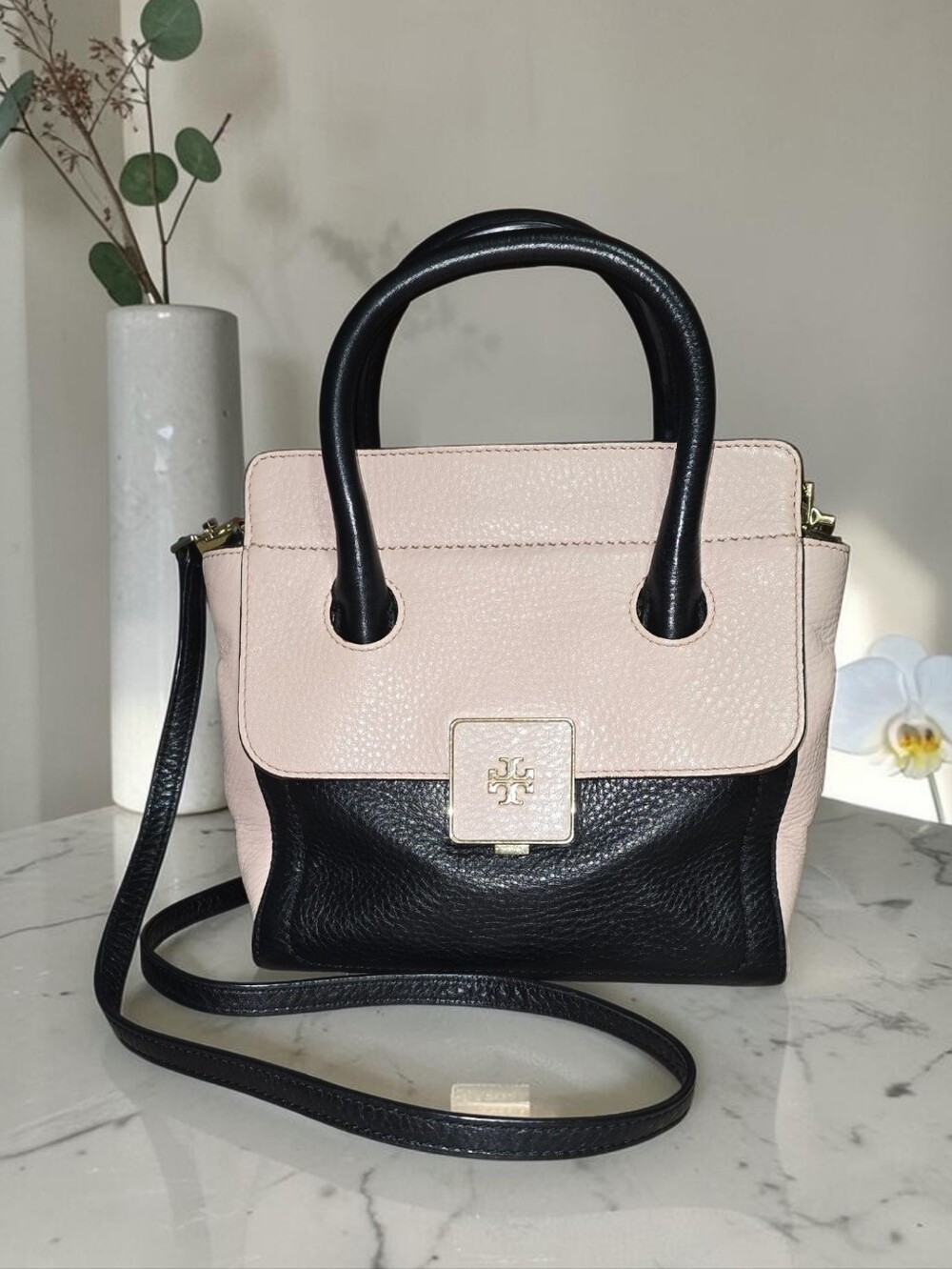 Tory Burch Clara Pink and Black Pebbled Leather Crossbody Satchel